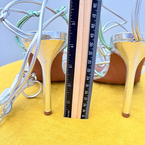 ASOS Nina Silver Mint Strappy Tie Leg Square Toe Sandal Heels Sz 8 - Picture 10 of 13